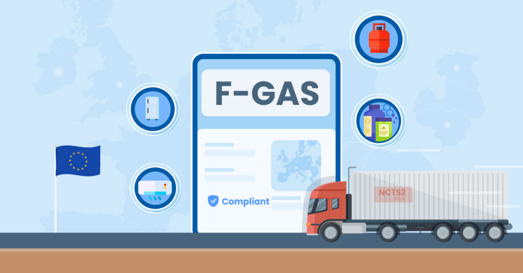 Truck transporting F-gas goods under new EU transit rules and customs compliance requirements