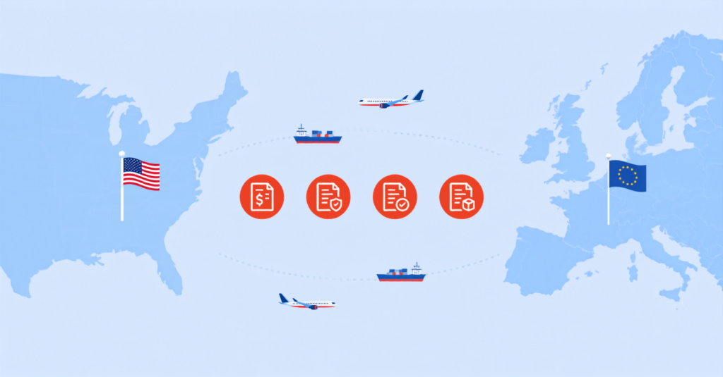 EU–US trade illustration showing air and sea freight, customs documentation and compliance between the US and EU